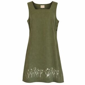 Vintage 90s Long Maxi Mom Dress Size L Green Suede-like Embroidered Floral Hem